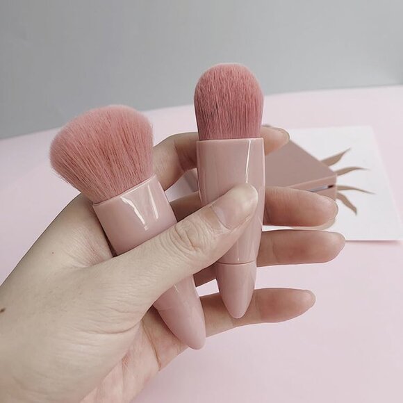 NEW -  5pcs Portable Makeup Brush Set With Mirror Hypoallergenic Pink Brushes - Picture 8 of 12